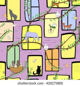 Fairy windows at night. Magic plant, cute animals, and mysterious windows. Kids seamless background