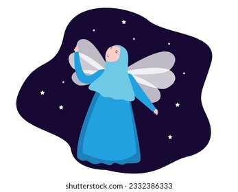 Fairy wing flying muslim girl kid wear hijab sky sparkle star in nigh time view