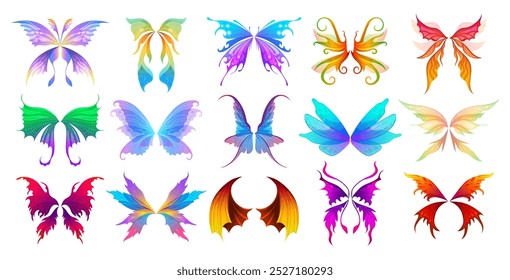 Fairy wings. Colored fantasy body parts of birds or butterfly creatures recent vector beautiful fairy wings