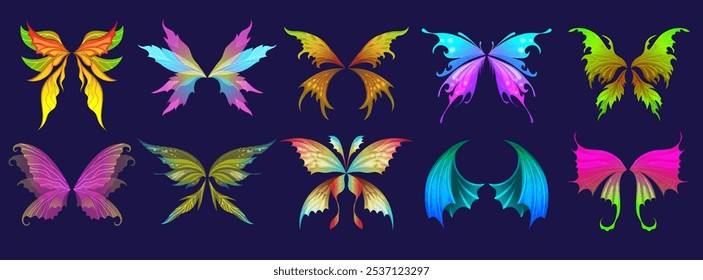 Fairy wings. Fantasy birds insects or butterfly wings pairs recent vector game characters conceptual body parts