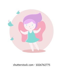 The fairy with wings looks at the leaves. Vector illustration. Fairy-tale subjects and characters. Objects on a colored circle. Design for pictures, icons, postcards, covers, flat and cartoon style.