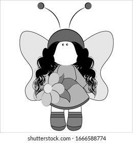 Fairy with wings in a magnificent dress and with a flower in her hand - shades of gray. Girl fairy character butterfly sorceress vector children illustration drawing