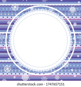 Fairy winter banner with decorative stripes and dots and falling snowflakes. Circle frame with empty space for text with snowfall. Vector illustration for cosy holidays and seasonal design