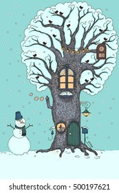 Fairy winter house in the tree. Vector illustration. Drawn by hand. Isolated object.