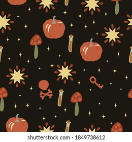 fairy witchcraft and astrology pattern seamless. Spiritual mood, moon, butterfly, pumpkin, key, mystery, candle, mushroom. Witchraft illustrations