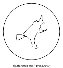 Fairy Wizard Witch flying on broom Subject for Halloween concept silhouette in circle round black color vector illustration contour outline style image 