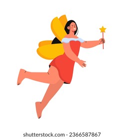 Fairy woman concept. Fairy tale, imagination, dream and fantasy. Young girl in red dress with yellow wings and magic wand. Cartoon flat vector illustration isolated on white background