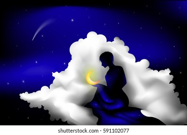 fairy woman sitting on the cloud and holding the moon, fairytale, silhouette, shadows, vector