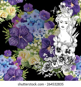 Fairy woman with watercolor meadow colorful flowers seamless pattern on black background vector illustration