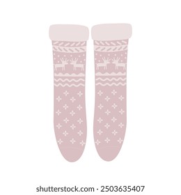 Fairy woolen knitted socks with deer and snow ornament, cozy Xmas and Winter symbol. Christmas stockings, vector illustration