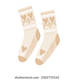 Fairy woolen knitted socks with hearts and snow ornament, cozy Xmas and Winter symbol. Christmas stockings, vector illustration