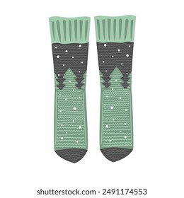 Fairy woolen knitted socks with pine trees and snow, cozy Xmas and Winter symbol. Christmas stockings, vector illustration