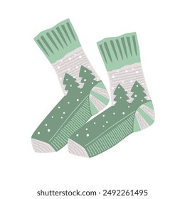 Fairy woolen knitted socks with pine trees and snow, cozy Xmas and Winter symbol. Christmas stockings, vector illustration.