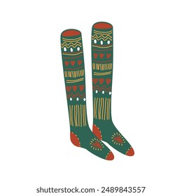 Fairy woolen patterned socks, cozy autumn or Xmas concept. Christmas stocking. Funny warm cotton socks with lines and hearts, vector illustration