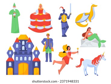 Fairy world characters set. Knight and sorcerer near unicorn and castle. Dragon and king. Fantasy and imagination, dream. Cartoon flat vector collection isolated on white background