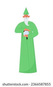 Fairy world sorcerer concept. Fairy tale, imagination, dream and fantasy. Magician in green coat and hat. Graphic element for website. Cartoon flat vector illustration isolated on white background