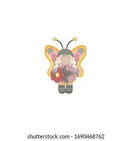 Fairy with yellow wings and a pink dress with a flower in her hand Girl fairy character butterfly sorceress vector children illustration drawing
