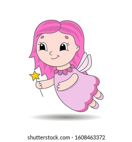 Fairy young girl in a dress with wings and a magic wand. Cute character. Colorful vector illustration. Cartoon style. Isolated on white background. Design element.