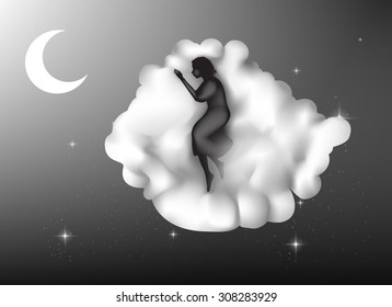 fairy young woman sleeping on the cloud, dream on heavens, shadows, vector