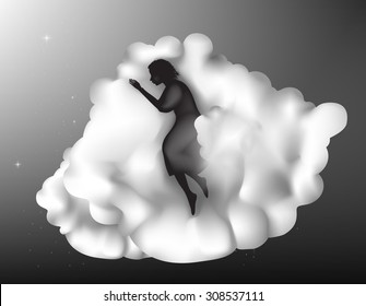 fairy young woman sleeping on the cloud, dream on heavens, shadows, vector