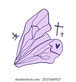 Fairycore groovy cartoon y2k violet purple color cartoon fairy transparent insect butterfly wing doodle sketch illustration clipart. Good for stickers, t shirt print and more.