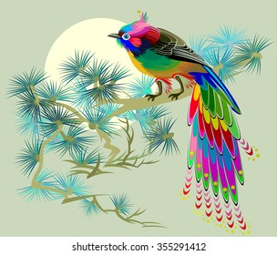 Fairyland bird sitting on a branch of pine, vector cartoon image.