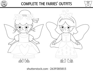 Fairyland black and white drawing, writing, tracing and coloring activity page for kids with woodland fairy, dress. Fantasy forest preschool printable activity, game, handwriting practice puzzle
