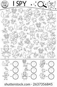 Fairyland black and white I spy game for kids. Searching and counting activity with bug fairy, elf, deer, flower, animals, dragon, bird. Fairytale printable worksheet. Fantasy coloring page, puzzle