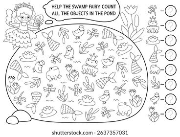 Fairyland black and white I spy game for kids shaped as pond with frogs. Searching and counting activity with swamp fairy, reeds, lily. Fairytale printable worksheet. Fantasy coloring page, puzzle