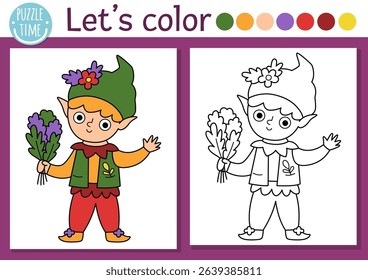 Fairyland coloring page for children with cute elf. Vector magic forest outline illustration. Color book for kids with colored example. Fairytale fantasy drawing skills printable worksheet
