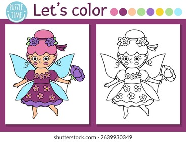 Fairyland coloring page for children with cute flower fairy. Vector magic forest outline illustration. Color book for kids with colored example. Fairytale fantasy drawing skills printable worksheet
