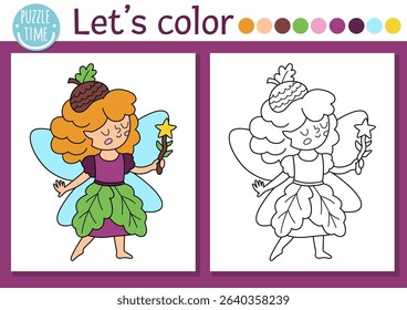 Fairyland coloring page for children with cute acorn fairy. Vector magic forest outline illustration. Color book for kids with colored example. Fairytale fantasy drawing skills printable worksheet
