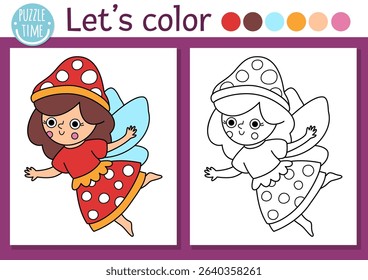 Fairyland coloring page for children with cute mushroom fairy. Vector magic forest outline illustration. Color book for kids with colored example. Fairytale fantasy drawing skills printable worksheet
