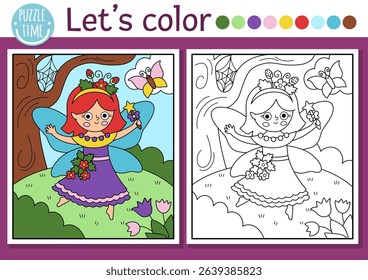 Fairyland coloring page with cute berry fairy and magic forest landscape. Vector outline illustration. Color book for kids with colored example. Fairytale fantasy drawing skills printable worksheet
