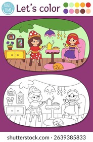 Fairyland coloring page with cute fairies drinking tea in tree house. Vector outline illustration. Color book for kids with colored example. Fairytale fantasy drawing skills printable worksheet
