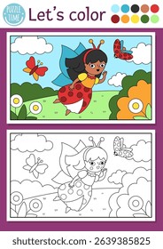 Fairyland coloring page with cute fairy bug and magic meadow landscape. Vector outline illustration. Color book for kids with colored example. Fairytale fantasy drawing skills printable worksheet
