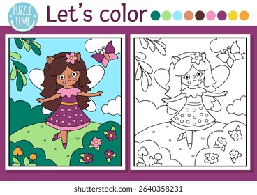 Fairyland coloring page with cute fairy and magic forest landscape. Vector outline illustration. Color book for kids with colored example. Fairytale fantasy drawing skills printable worksheet
