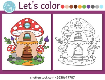 Fairyland coloring page with cute mushroom fairy house. Vector magic forest outline illustration. Color book for kids with colored example. Fairytale fantasy drawing skills printable worksheet
