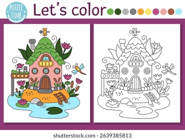 Fairyland coloring page with cute swamp fairy house. Vector magic forest outline illustration. Color book for kids with colored example. Fairytale fantasy drawing skills printable worksheet
