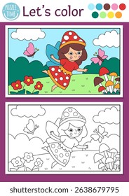 Fairyland coloring page with mushroom fairy and magic meadow landscape. Vector outline illustration. Color book for kids with colored example. Fairytale fantasy drawing skill printable worksheet
