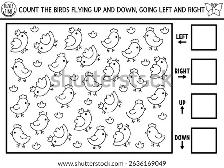 Fairyland, forest logic game with right, left, up, down concept. Black and white I spy searching, counting activity with bird. Printable space orientation worksheet, puzzle, coloring page