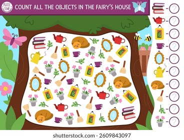 Fairyland I spy game for kids shaped as fairy tree house. Searching, counting activity with cozy interior objects, furniture. Fairytale printable worksheet. Simple fantasy spotting puzzle with girl
