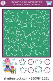 Fairyland tracing, shape and line recognition activity with flowers. Magic fairy garden counting math puzzle with white contours. Find and circle correct silhouette printable worksheet for kid