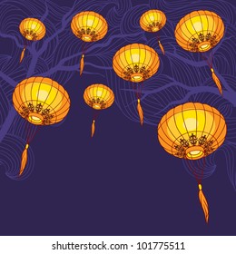 Fairy-lights. Big traditional chinese lanterns. Vector illustration.