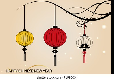 Fairy-lights. Big traditional chinese lanterns will bring good luck and peace to prayer during Chinese New Year. Vector Illustration.