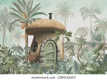 Fairy,Mushroom,House,3d,Illustration,Green jungle landscape with tropical trees and plants.