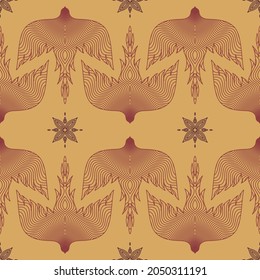 Fairytail Beige Magical Cute Boho Fire Symmetrical Hand Drawn Birds Seamless Repeat Pattern