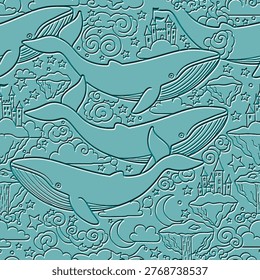 Fairytale 3d embossed seamless pattern with relief ethereal whales soaring through a dreamlike sky with floating islands, magical castles, and celestial stars. Monochrome teal textured vector art.