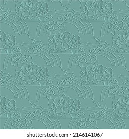 Fairytale 3d seamless pattern. Vector ornamental fairy tale emboss background. Repeat fantasy backdrop with embossed cartoon clouds, rainbow, trees, mushrooms. Beautiful design with embossing effect.