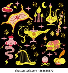 Fairytale Aladdin story theme elements. Jinn or genie, gold magic  lamp like, flying carpet, treasure chest, harp, wizard hat,  turban with gem, globe.Sketchy hand drawn doodle set.